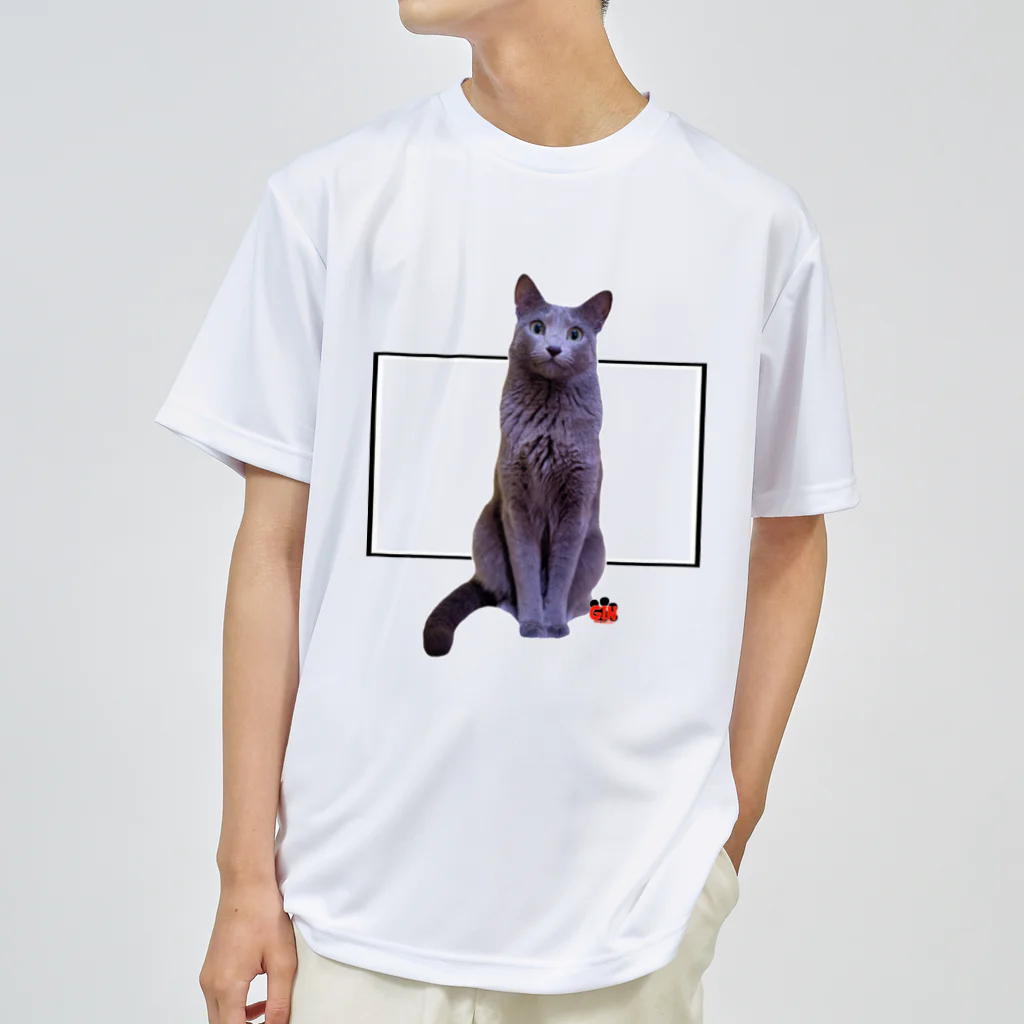 GINのロシアンブルー銀　「猫座り」 Tシャツ② ドライTシャツ