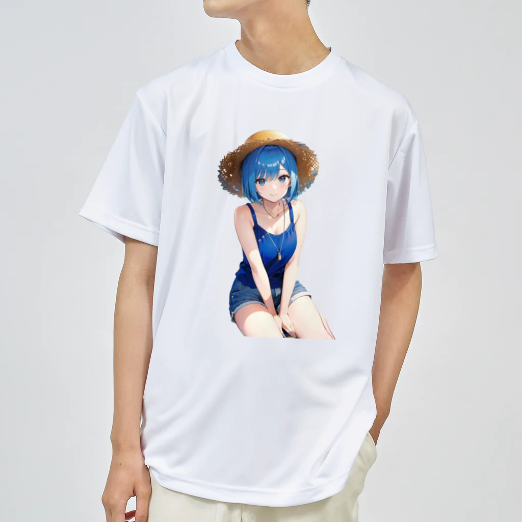 AIオリジナルイラスト　美女男子の華麗なる青髪美少女 ドライTシャツ