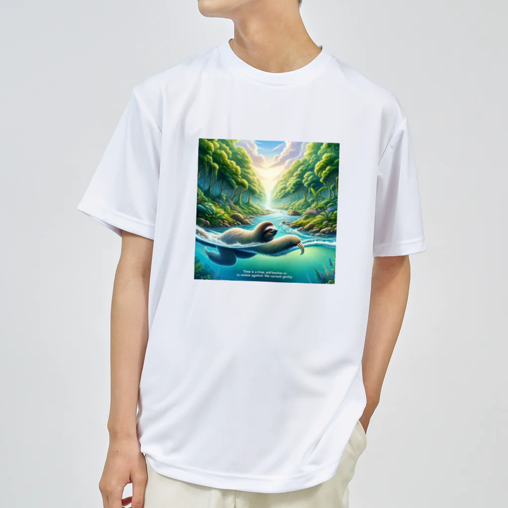 k.a.u.j.7の時間の流れを象徴する川の中でゆったりと泳ぐ、ナマケモノの姿🌿 ドライTシャツ