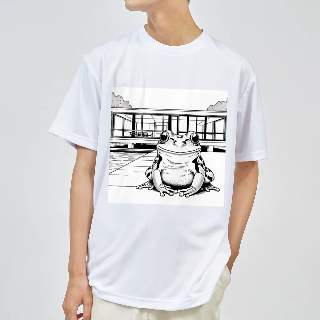 archifrogのファンズワース邸風の建築物に佇むカエル ドライTシャツ