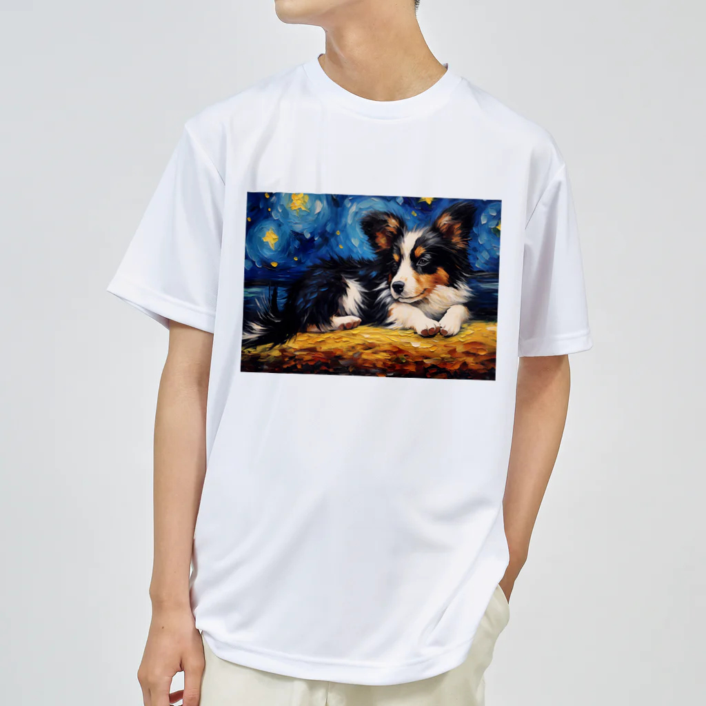 Dog Art Museumの【星降る夜 - パピヨン犬の子犬 No.2】 ドライTシャツ