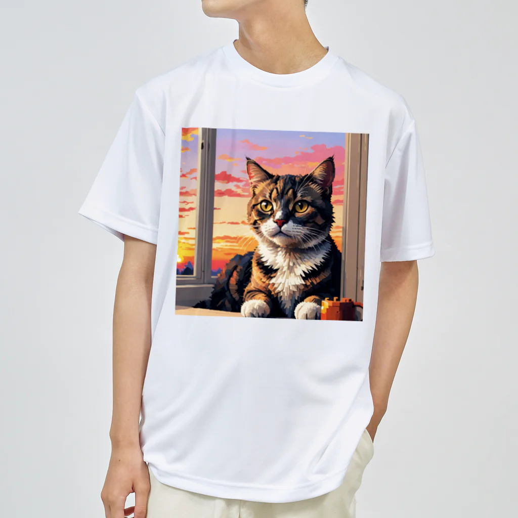 ねこネコ猫nekoの夕日と猫 ドライTシャツ