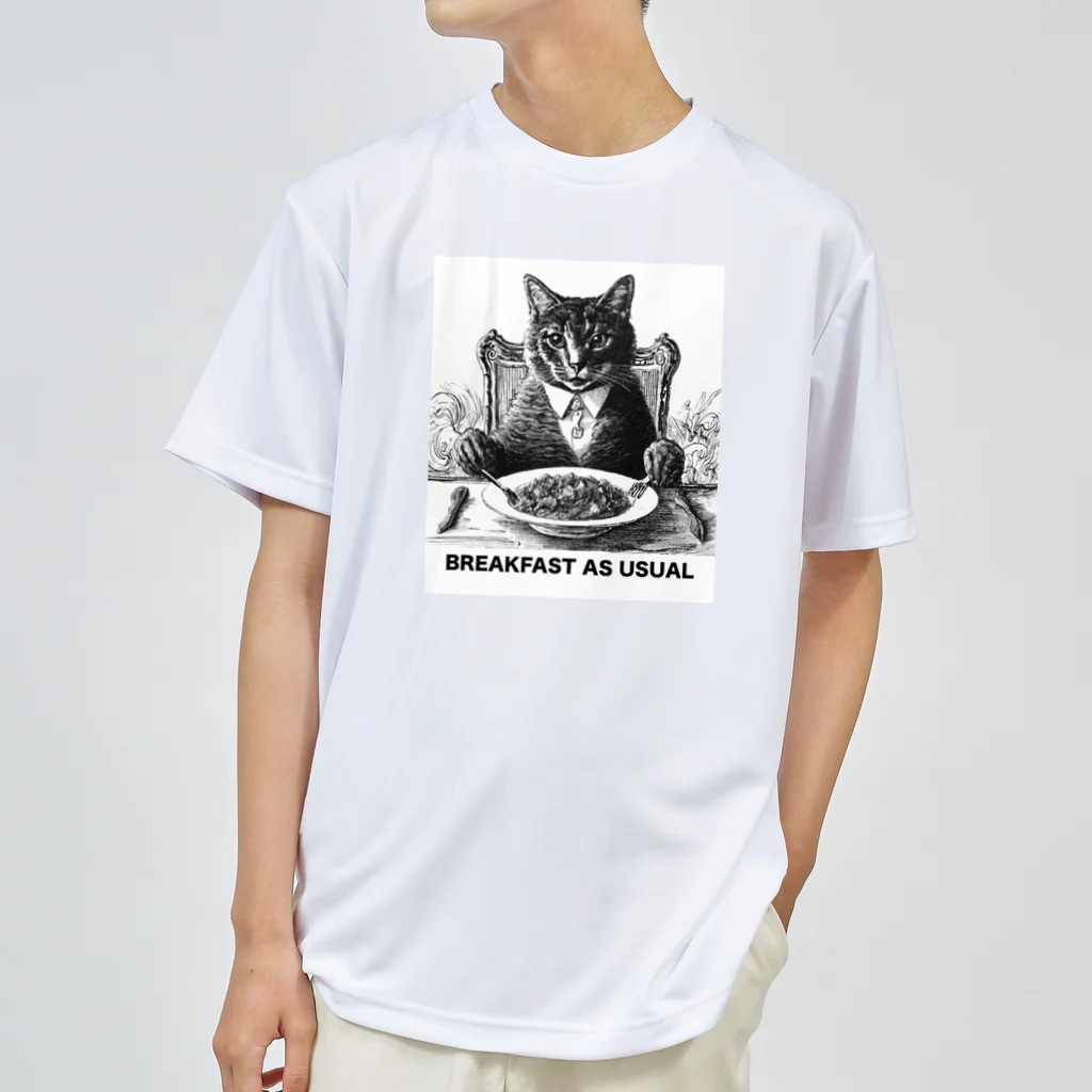 黒猫ファブリックのBreakfast as usual ドライTシャツ