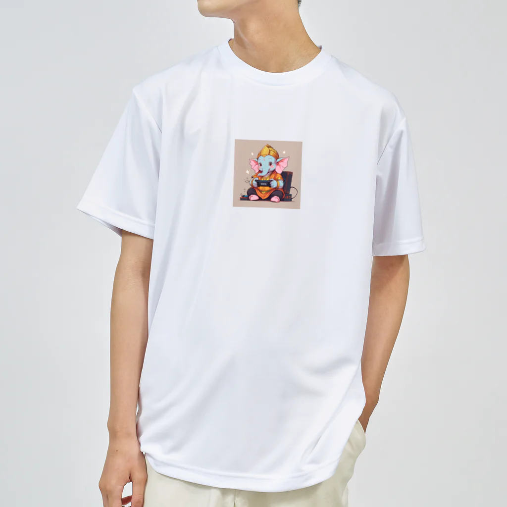 ganeshaのビデオゲームで遊ぶかわいいガネーシャ ドライTシャツ