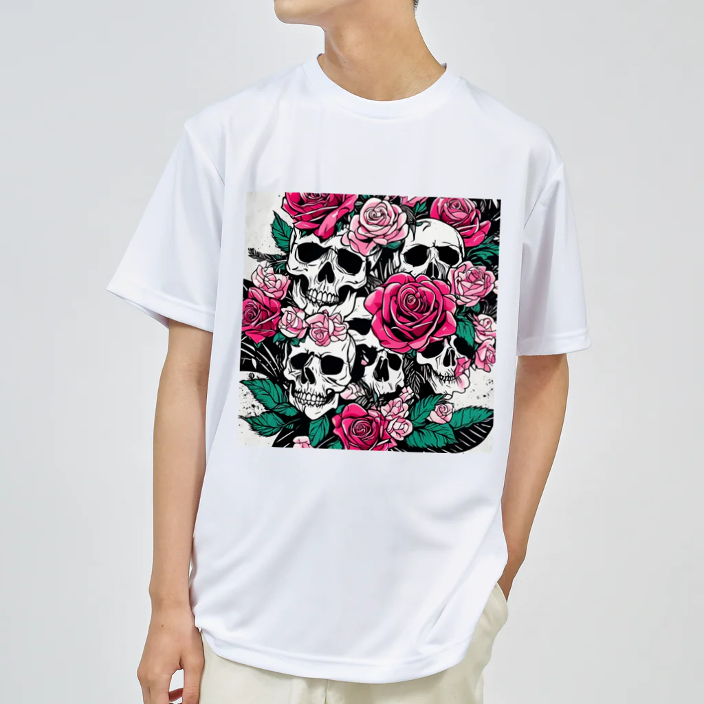 ピンクリボンの薔薇髑髏01 ドライTシャツ