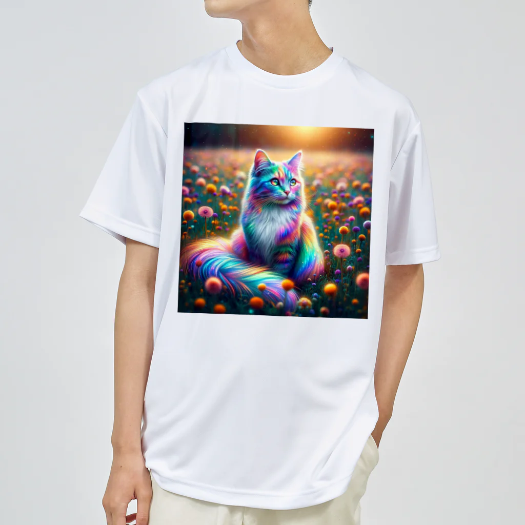 momonekokoの虹色に輝く優雅な猫 ドライTシャツ