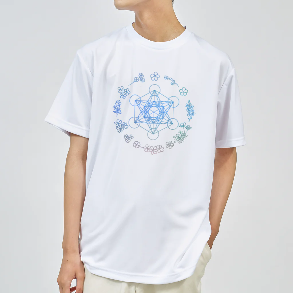 Metatron’s Cube Cosmosのメタトロンキューブ神聖幾何学と優しいパステルカラーの花のリース ドライTシャツ