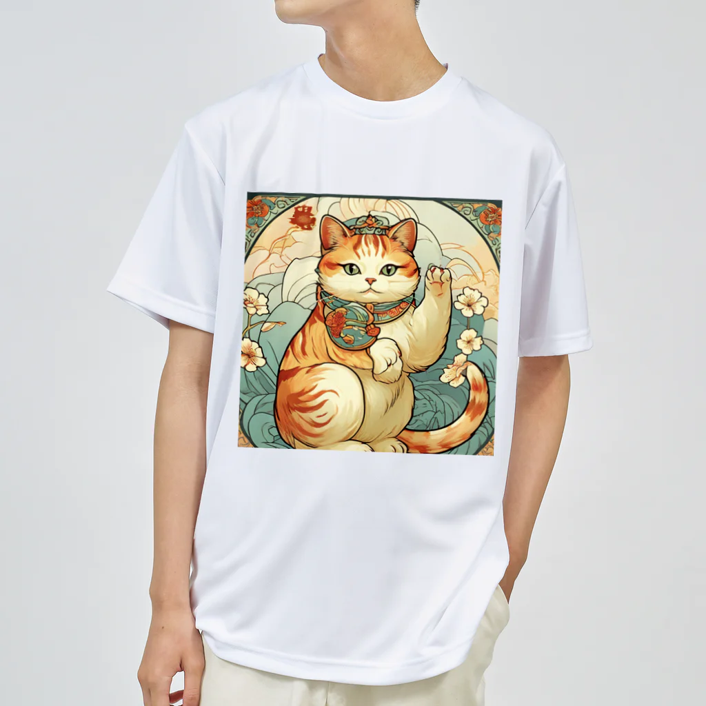 ゆまちゃんの開運雑貨屋さんのお客様を招く左手招き猫ミュシャ風 ドライTシャツ