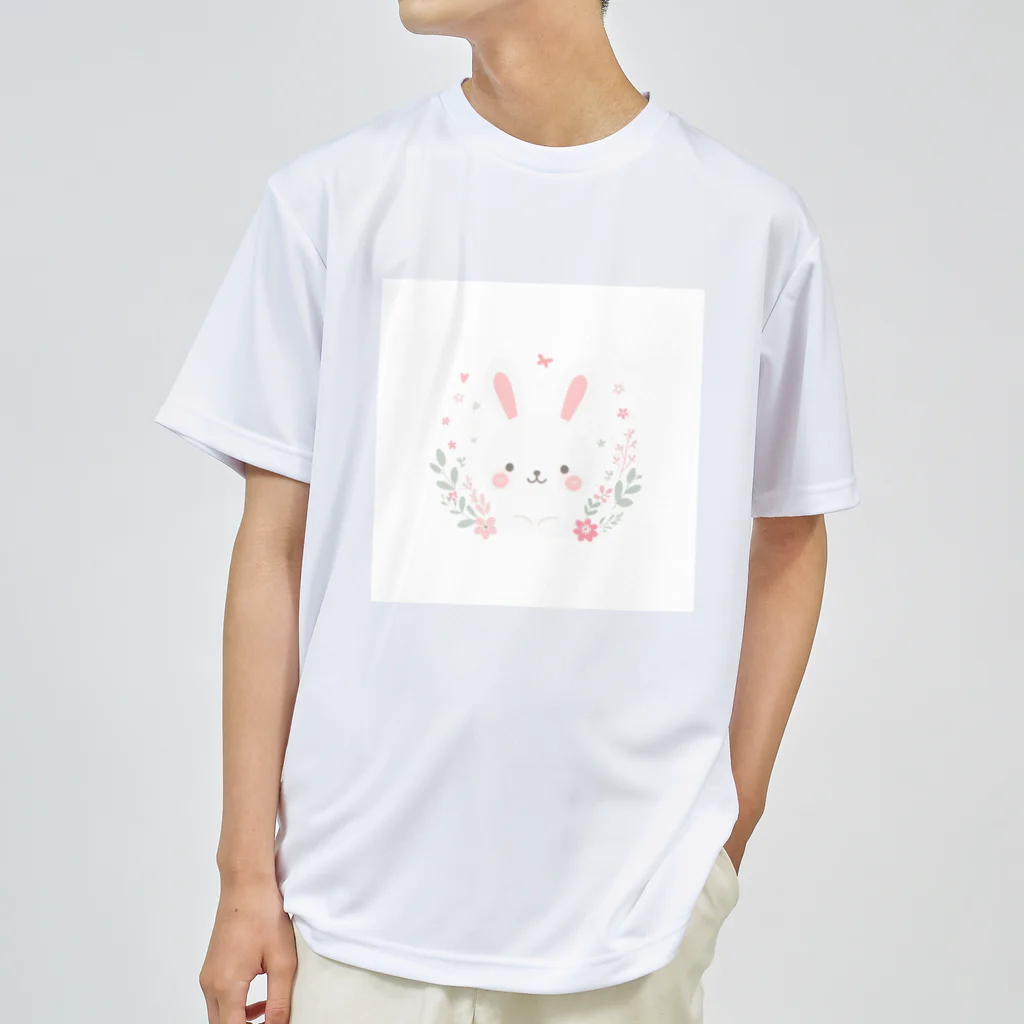 🐶と🐰のフラワーうさぎ ドライTシャツ