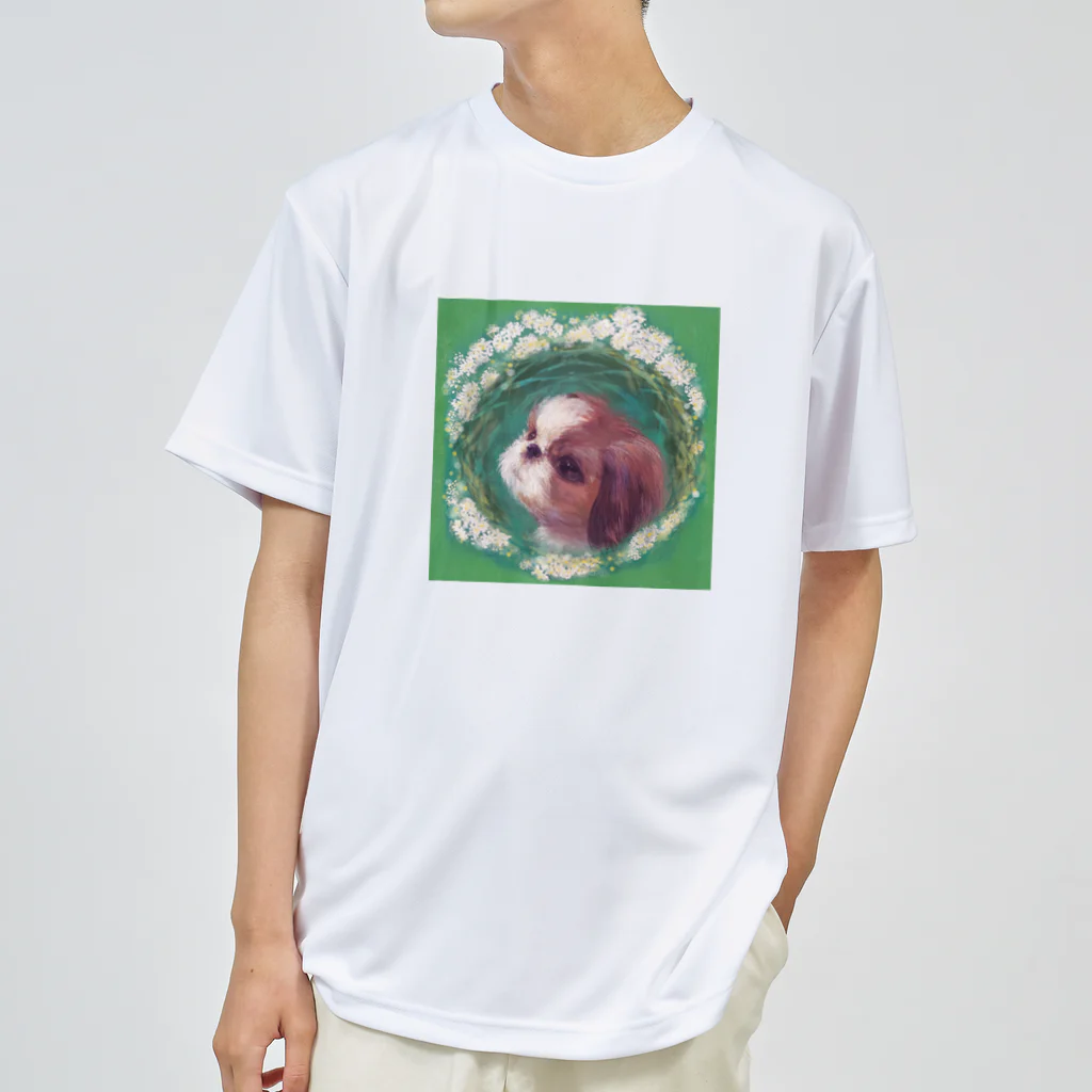 NORIMA'S SHOP のかわいいシーズー 犬と雪柳のフラワーリース ドライTシャツ