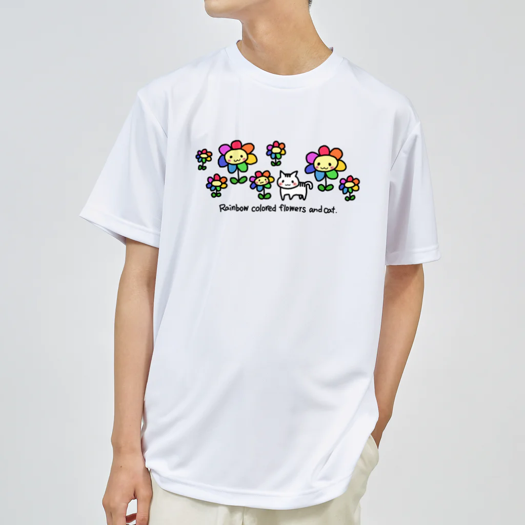 ピンキーハウスの虹色の花と猫（フチなし） ドライTシャツ