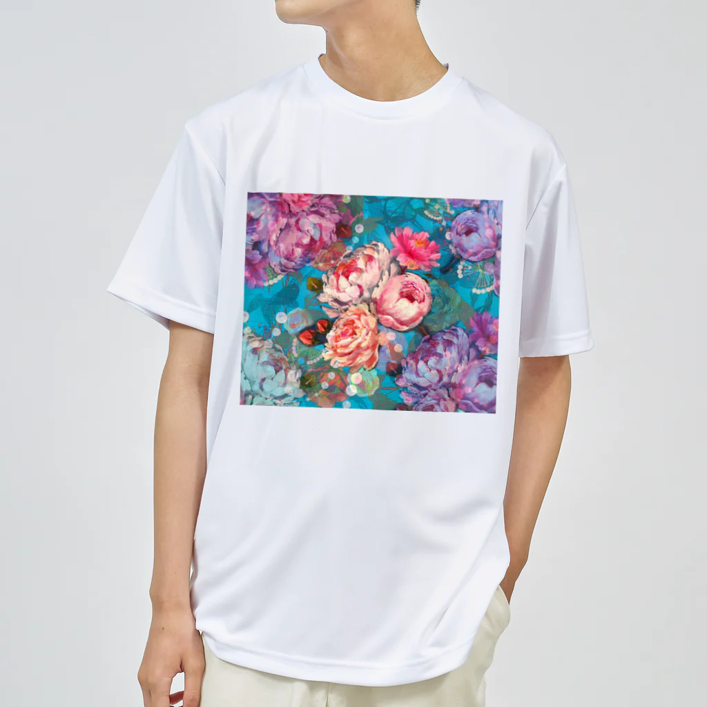 NORIMA'S SHOP の薔薇、芍薬、牡丹のボタニカルブーケと螺鈿模様の壁紙イラスト ドライTシャツ