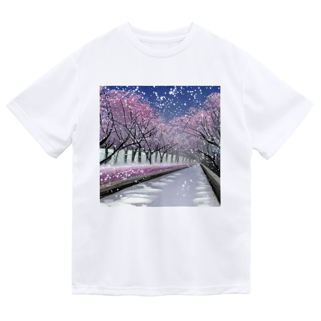 Yossy's Item Factoryの夜の桜並木に雪 ドライTシャツ