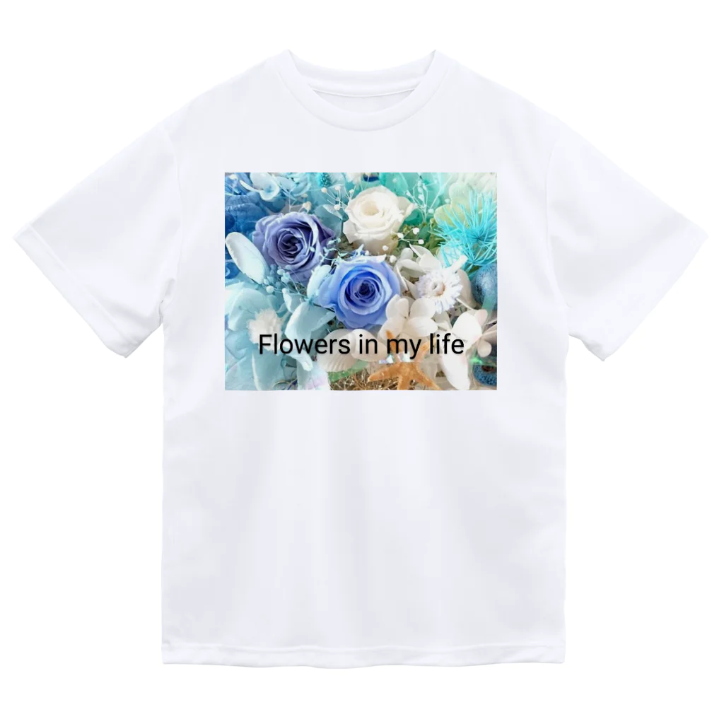 meke flowersのマリンブルーローズとシェルのおしゃれな花柄　ロゴ入り Dry T-Shirt