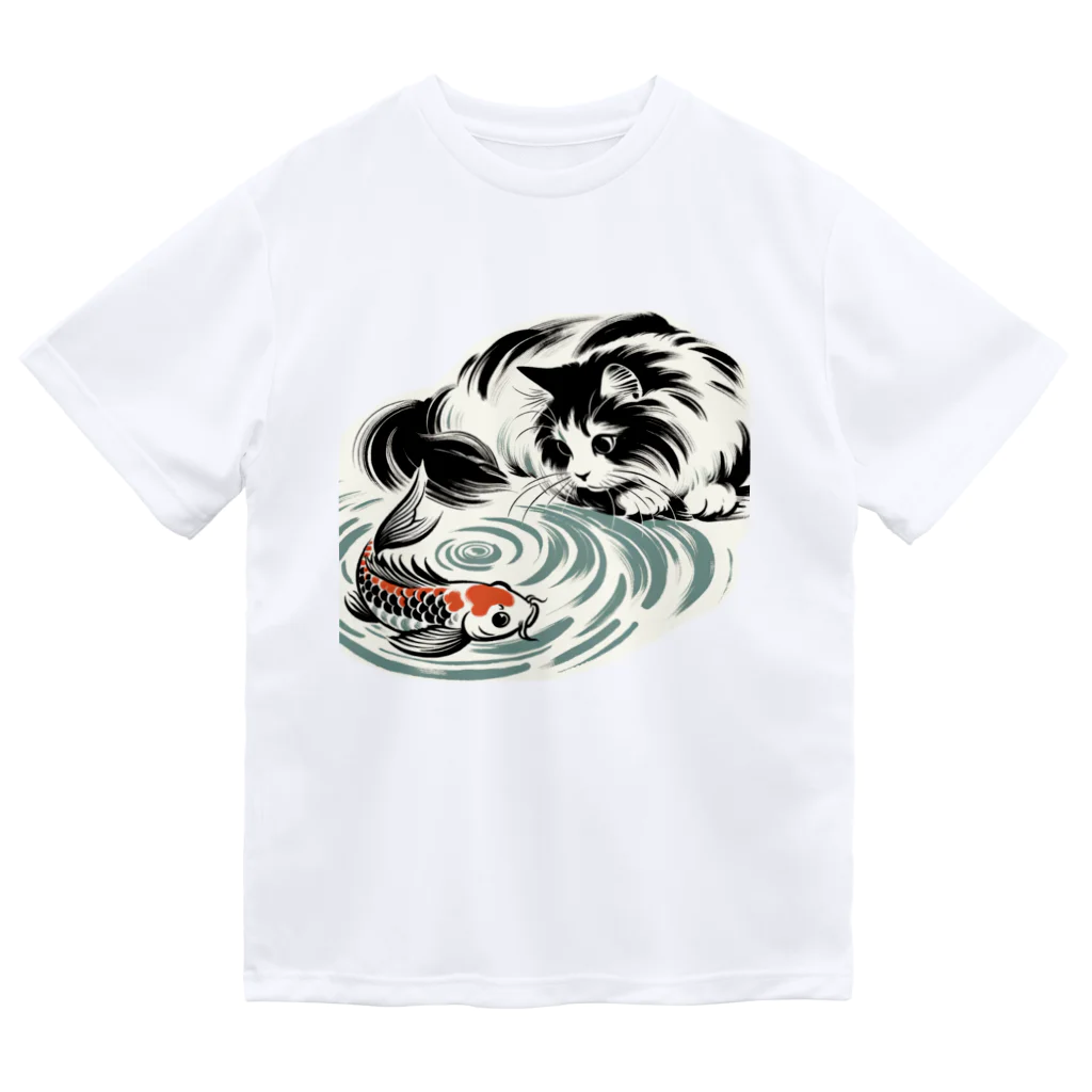 MakotOの猫と鯉（水墨画風） ドライTシャツ