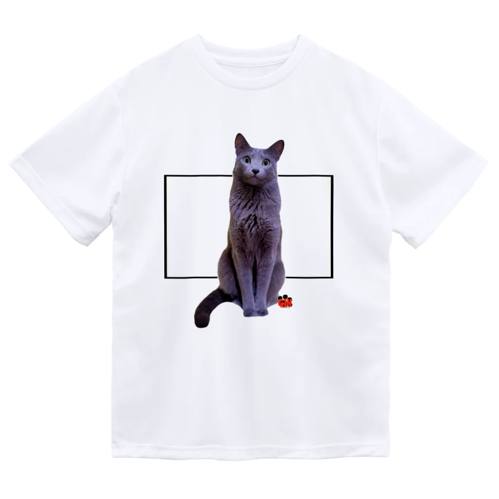 GINのロシアンブルー銀　「猫座り」 Tシャツ② ドライTシャツ