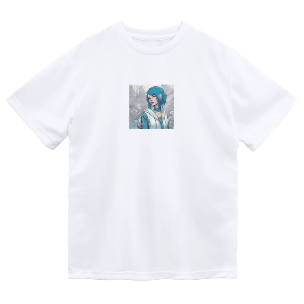 Kyon_IllustItemShopのサイバーパンク風の青髪美少女 ドライTシャツ