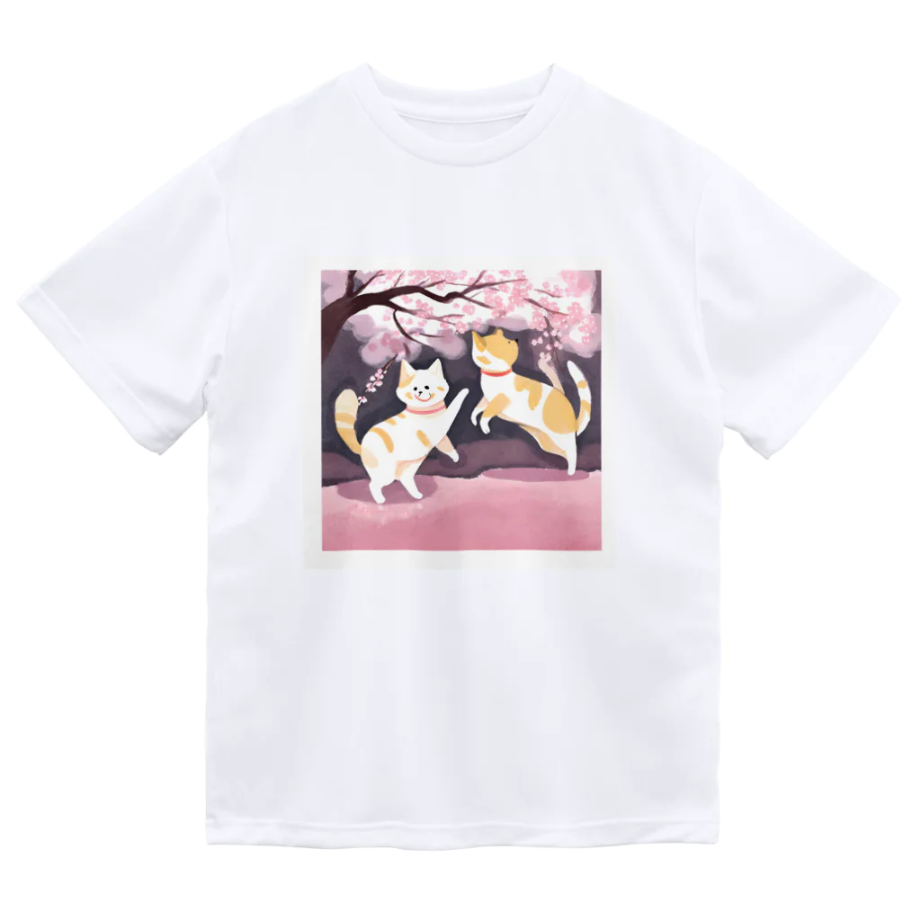 Shironekokuuの桜で遊ぶ犬と猫 Dry T-Shirt