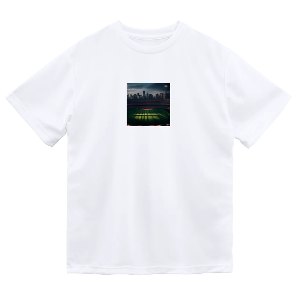 dream_canvasの空にそびえる高層ビルとスポーツスタジアムの壮大な景色。 Dry T-Shirt