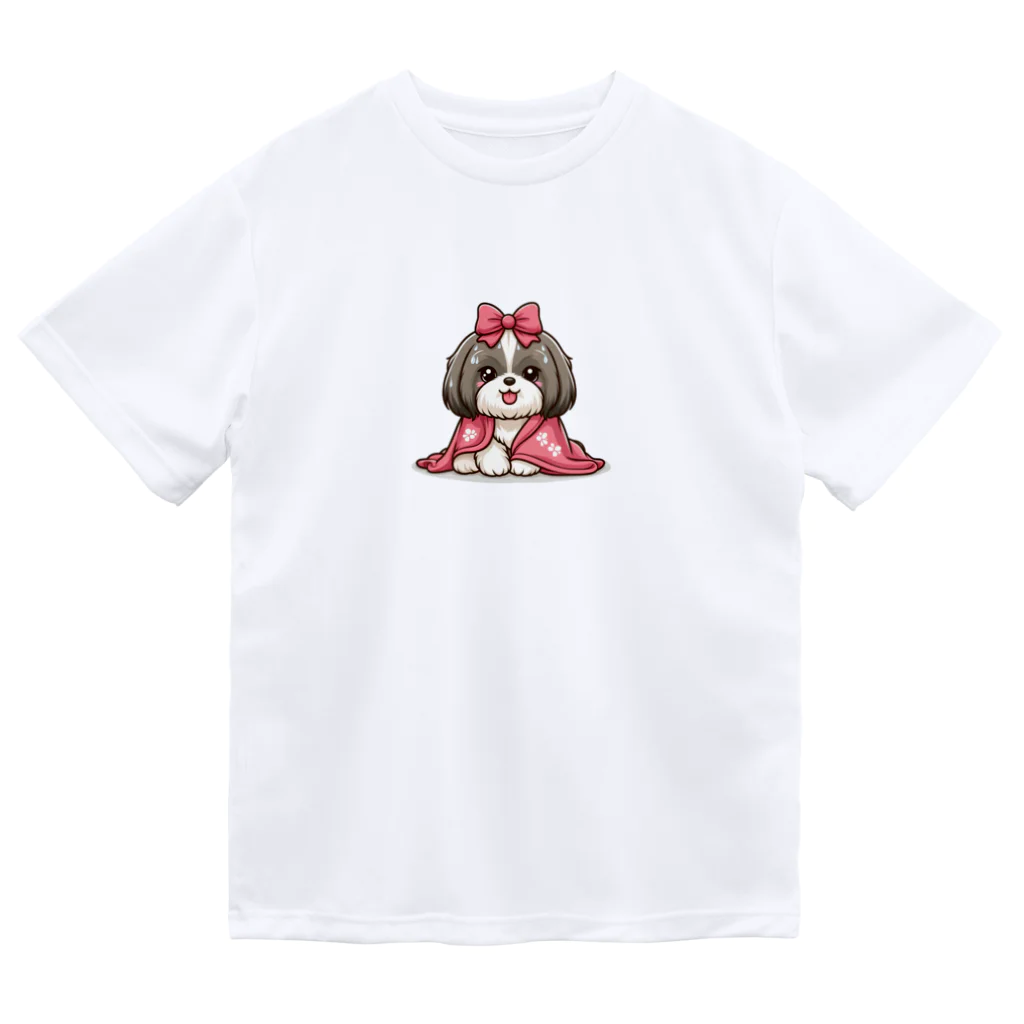 ワンコとにゃんちゃんズの毛布にくるまるシーズー ドライTシャツ