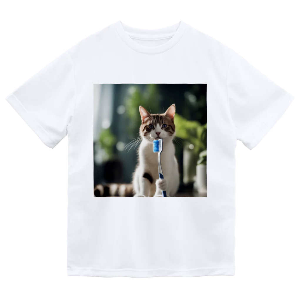 猫君の歯医者さんの歯ブラシ猫 ドライTシャツ