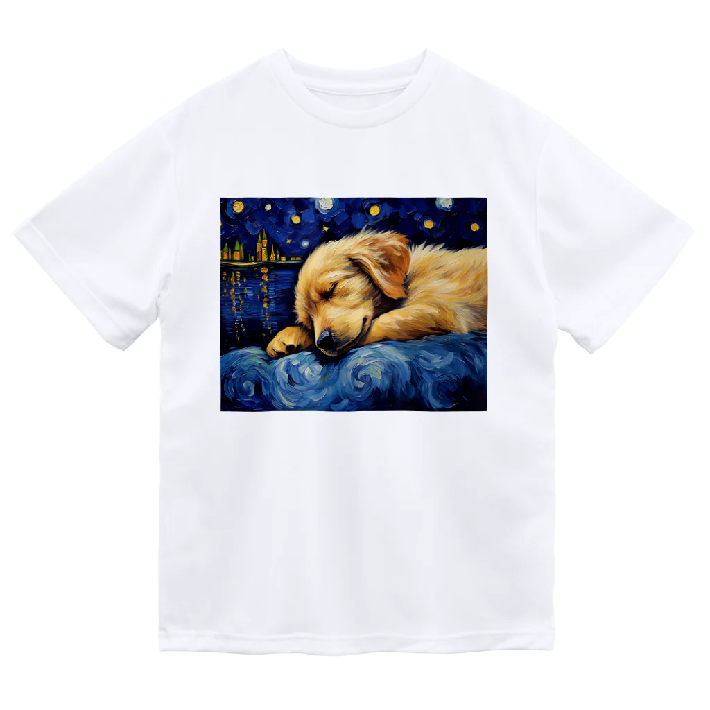 Dog Art Museumの【星降る夜 - ゴールデンレトリバー犬の子犬 No.3】 ドライTシャツ