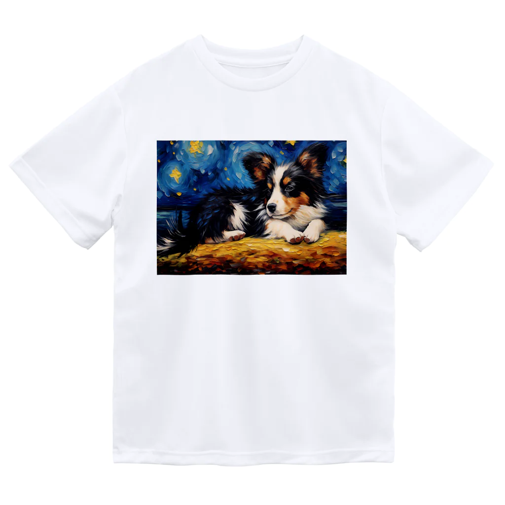 Dog Art Museumの【星降る夜 - パピヨン犬の子犬 No.2】 Dry T-Shirt