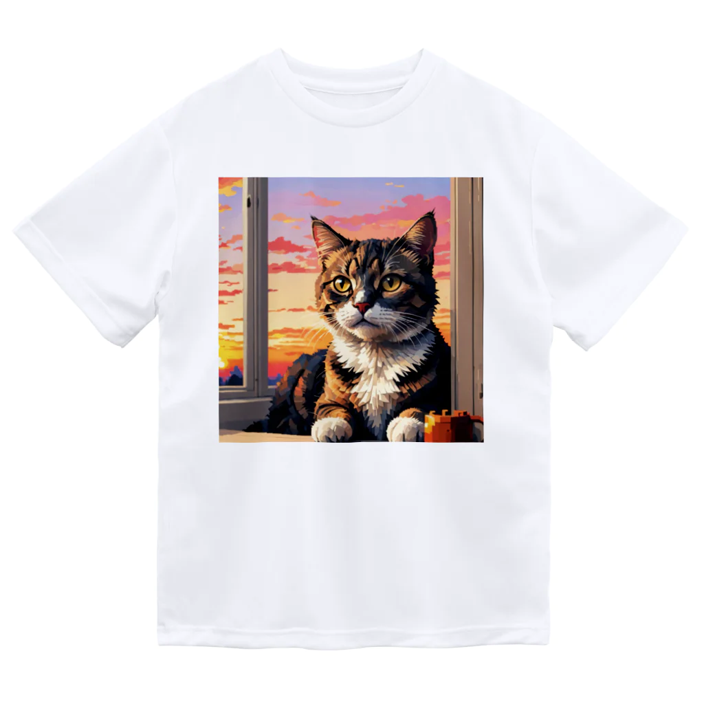 ねこネコ猫nekoの夕日と猫 ドライTシャツ