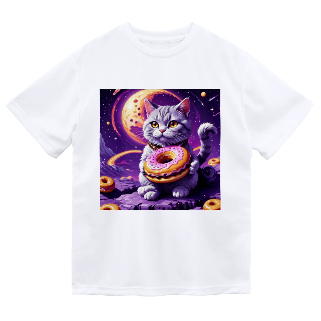 メロンパン猫の土星でドーナツ食べたい ドライTシャツ