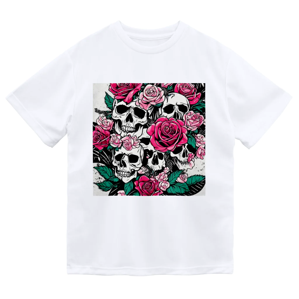 ピンクリボンの薔薇髑髏01 ドライTシャツ