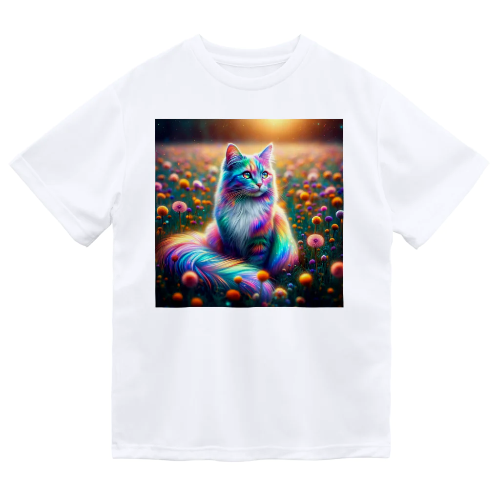 momonekokoの虹色に輝く優雅な猫 ドライTシャツ