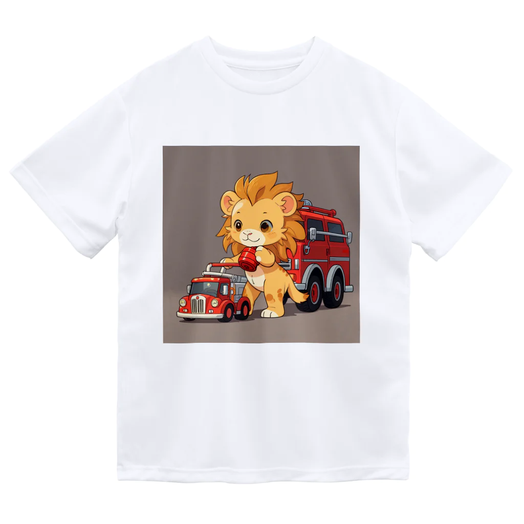 ganeshaの可愛いライオンとおもちゃの消防車 ドライTシャツ