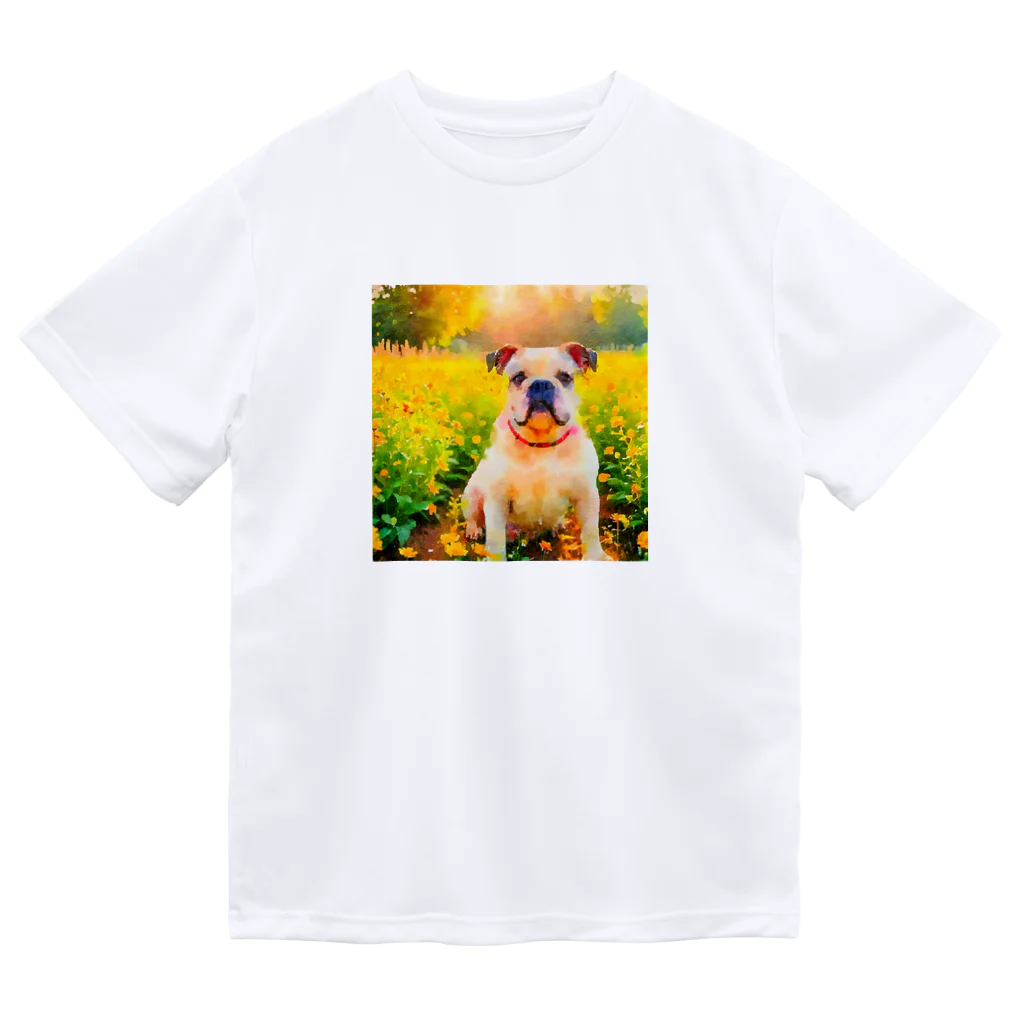 犬好きのしましまの水彩画の犬 花畑のブルドッグのイラスト Dry T-Shirt