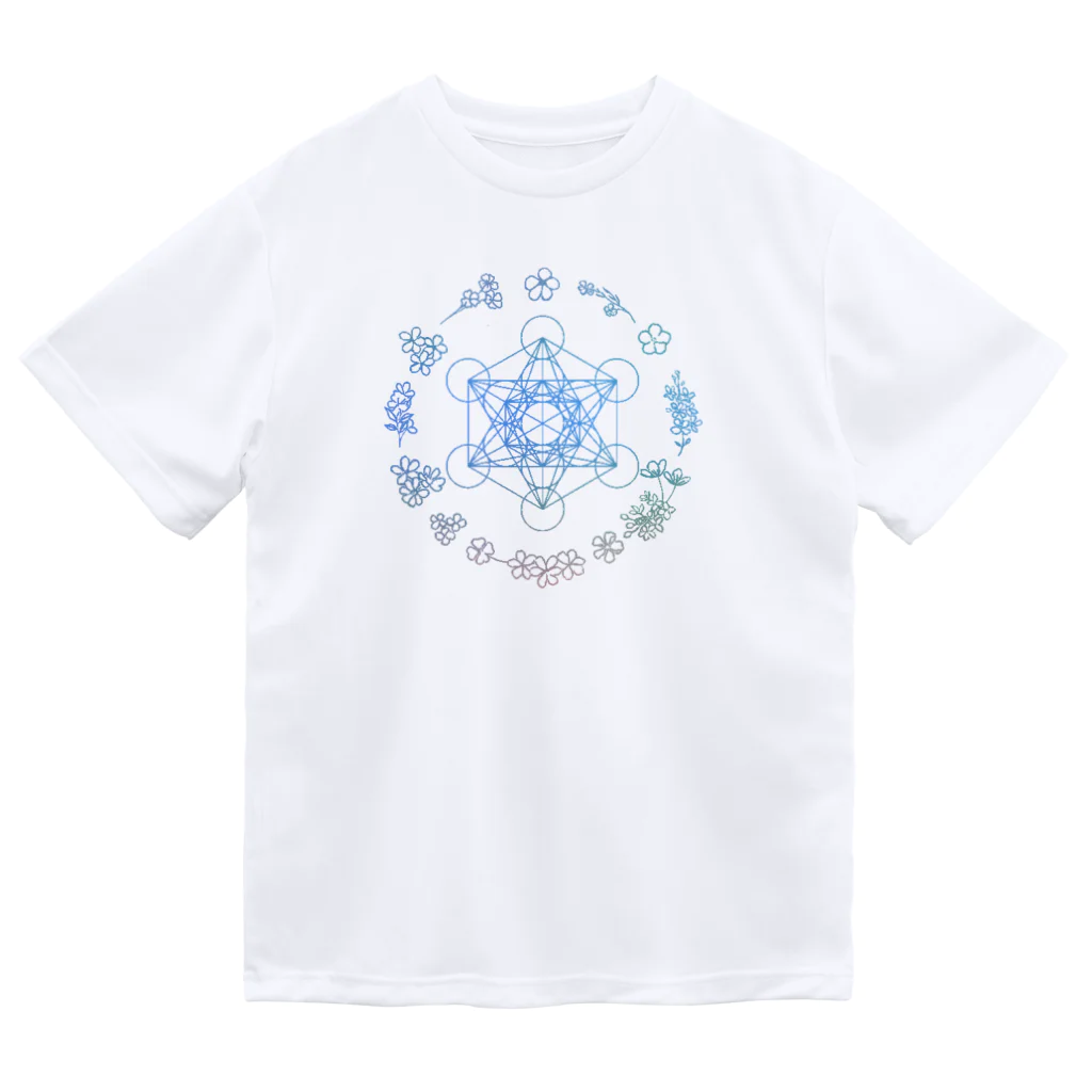 Metatron’s Cube Cosmosのメタトロンキューブ神聖幾何学と優しいパステルカラーの花のリース ドライTシャツ