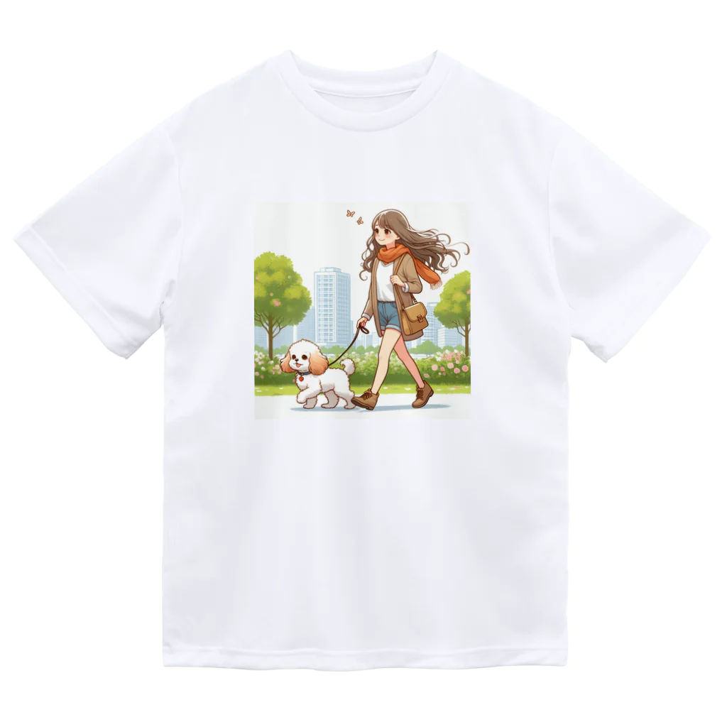 南国のかわいい犬と散歩をする女性 Dry T-Shirt