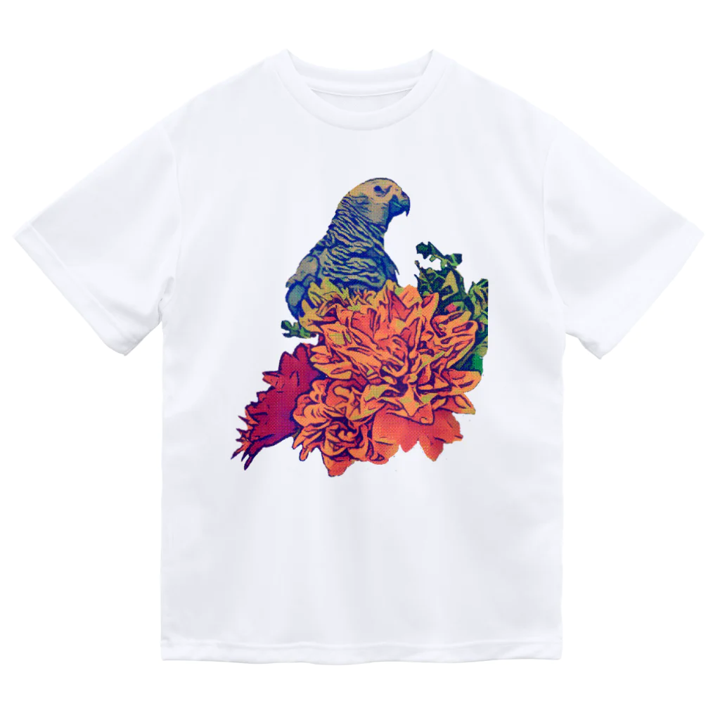 愉快なインコ達のヨウムと花 ドライTシャツ