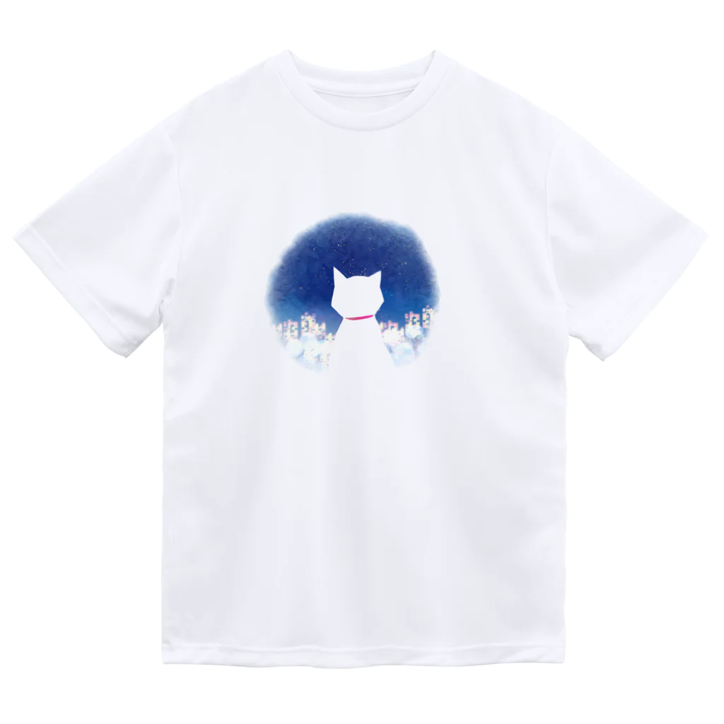 サワネチヒロのショップの夜のネオンと猫 ドライTシャツ