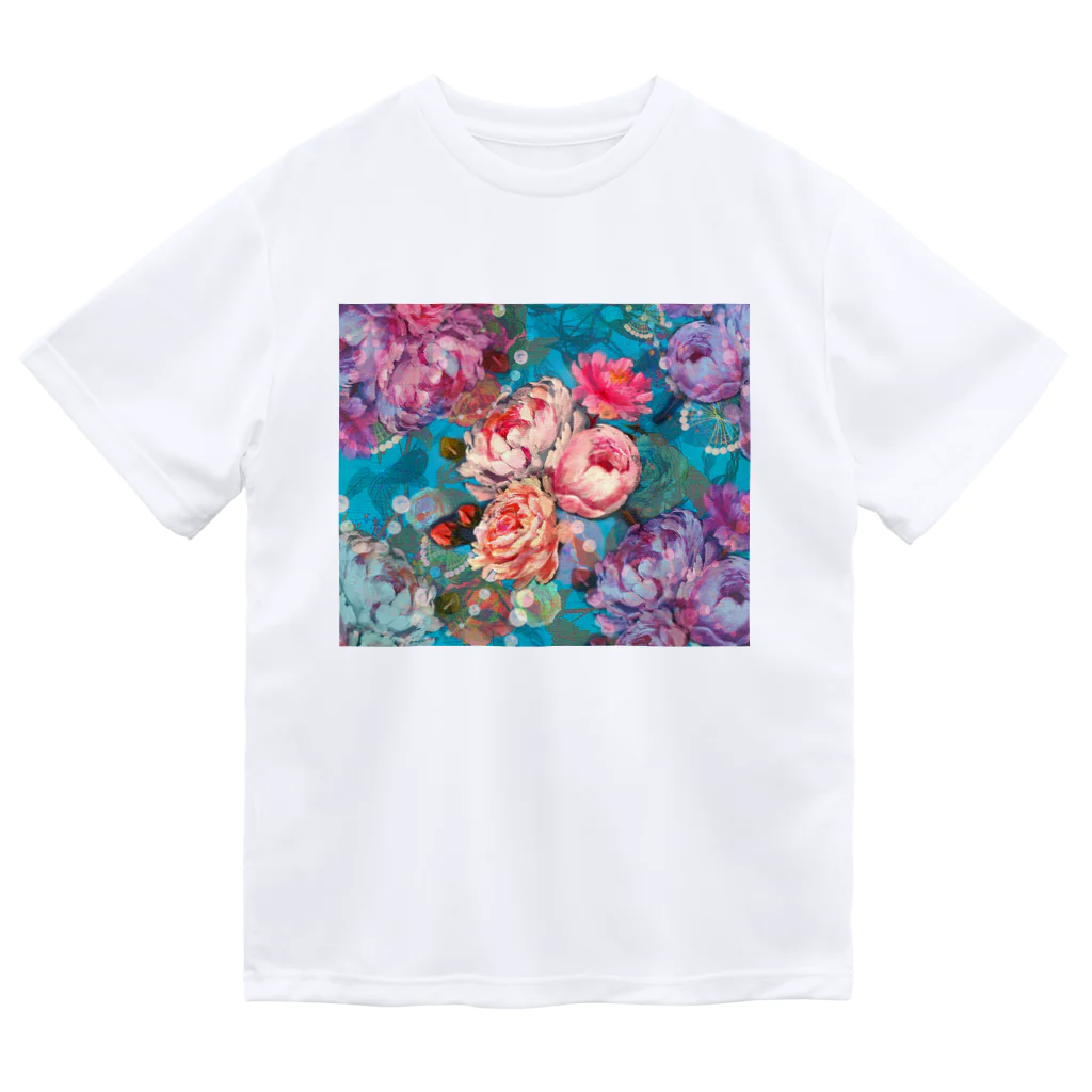 NORIMA'S SHOP の薔薇、芍薬、牡丹のボタニカルブーケと螺鈿模様の壁紙イラスト ドライTシャツ