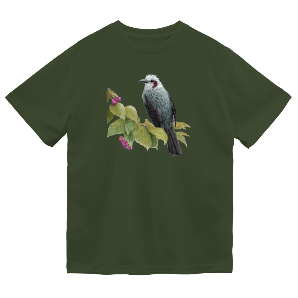 野鳥生活のヒヨドリとさくらんぼ（濃色） ドライTシャツ