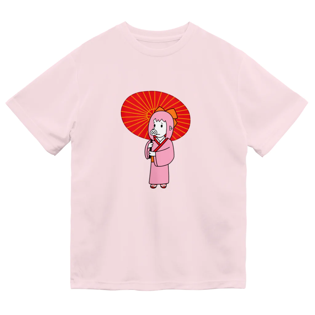 豚人イラストのパンダ武島のお豚（とん）さん、和傘をさす。 ドライTシャツ