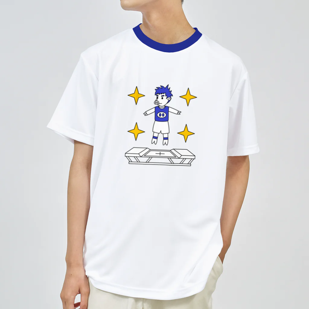 豚人イラストのパンダ武島のピッグトランポリン（ブルー） ドライTシャツ