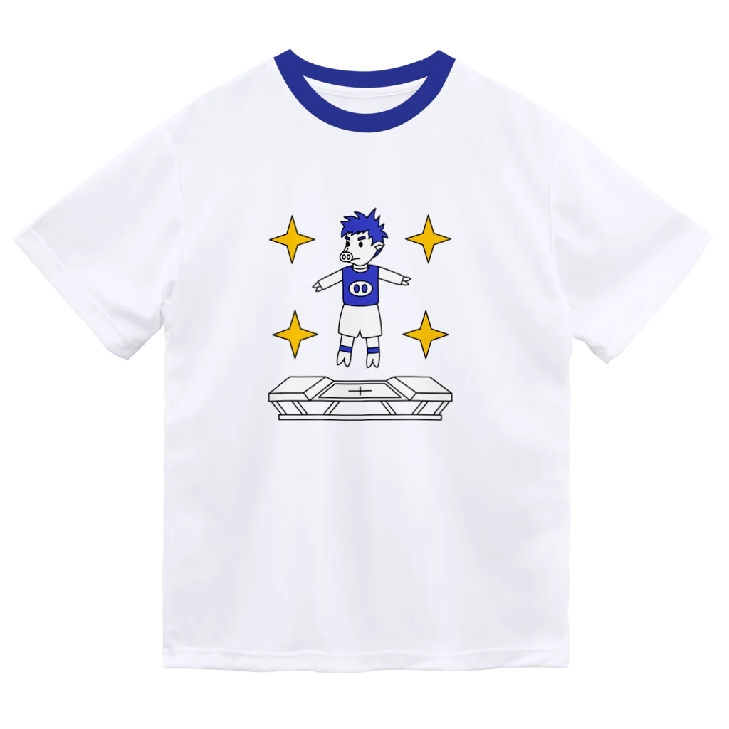 豚人イラストのパンダ武島のピッグトランポリン（ブルー） ドライTシャツ