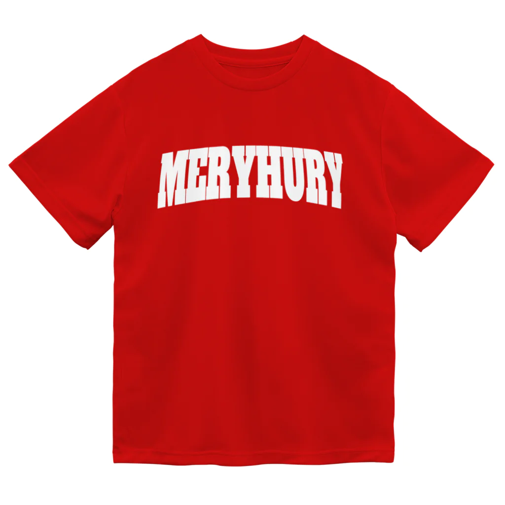 MERRY HURRYのカレッジ風ロゴ白 ドライTシャツ