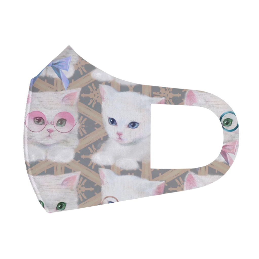 NORIMA'S SHOP のリボンとおしゃれメガネをかけた白猫と北欧風パターンイラスト フルグラフィックマスク