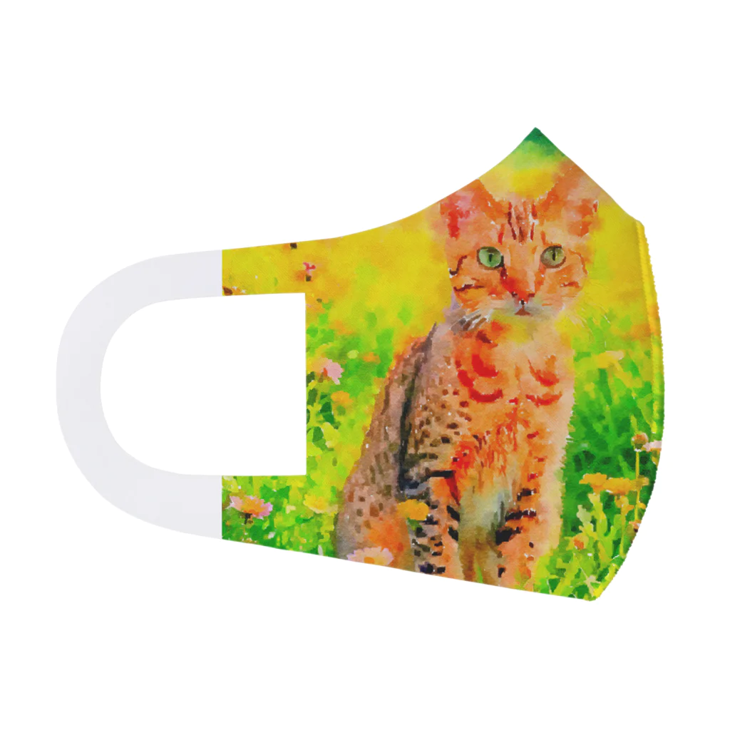 猫好きの谷の猫の水彩画/花畑のオシキャットねこのイラスト/キジトラネコ フルグラフィックマスク