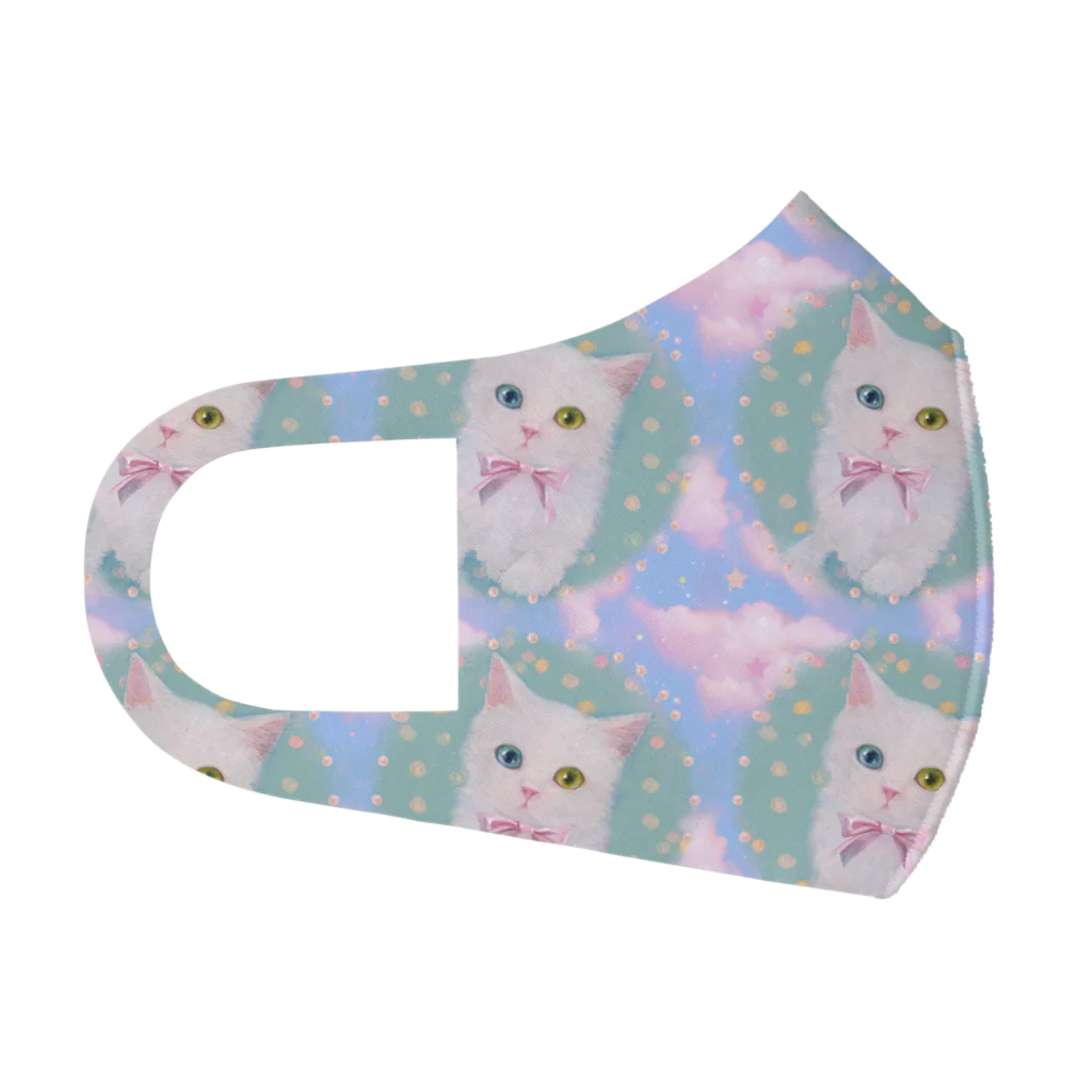 NORIMA'S SHOP のかわいいオッドアイの白い子猫と青空のイラスト Face Mask