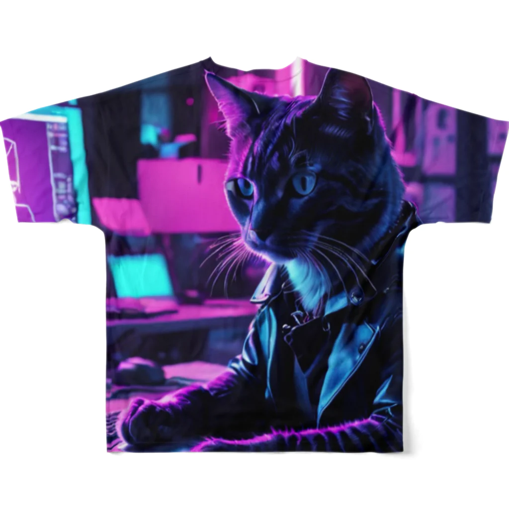 PT @ key-_-bouのミドルマネージャー猫（ネオパンク） フルグラフィックTシャツの背面