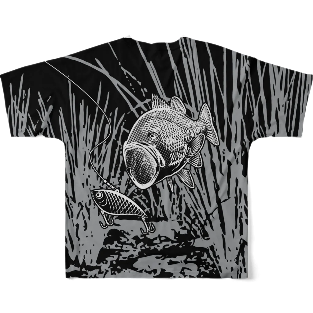 猫と釣り人のBLACK BASS2_FB_BW All-Over Print T-Shirt :back