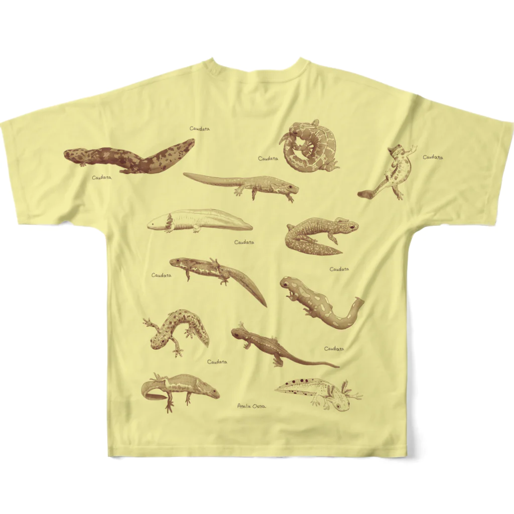 あとりえ・おすとらの有尾類の博物画 フルグラフィックTシャツの背面