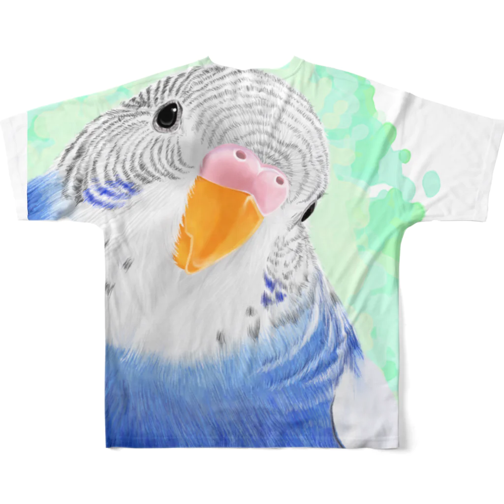 まめるりはことりのセキセイインコ　オパーリン大【まめるりはことり】 フルグラフィックTシャツの背面